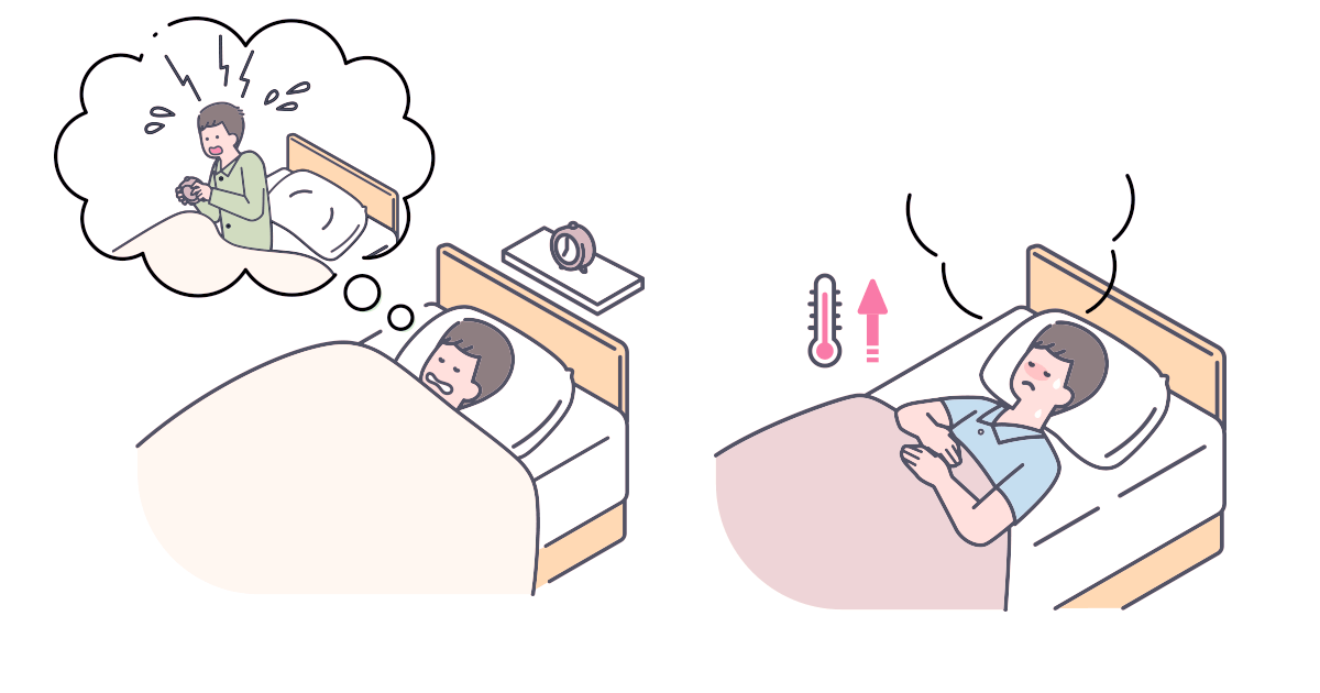寝坊が怖くて、寝る前に緊張している様子、暑くて寝苦しい様子の画像