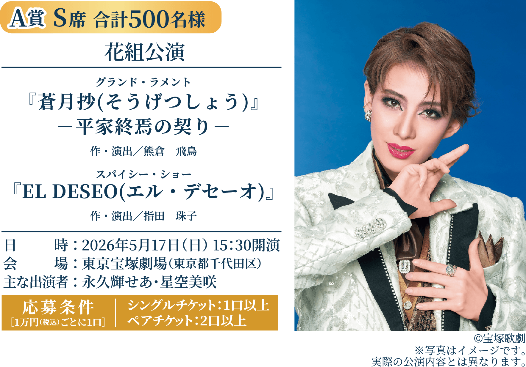 A賞 S席 合計500名様｜花組公演 グランド・ラメント『蒼月抄(そうげつしょう)』平家終焉の契り（作・演出／熊倉　飛鳥）、スパイシー・ショー『EL DESEO(エル・デセーオ)』（作・演出／指田　珠子）、日時：2026年5月17日（日）15：30開演、会場：東京宝塚劇場（東京都千代田区）、出演者：永久輝せあ・星空美咲、応募条件（1万円（税込）ごとに1口）：シングルチケッは1口以上 ペアチケットは2口以上