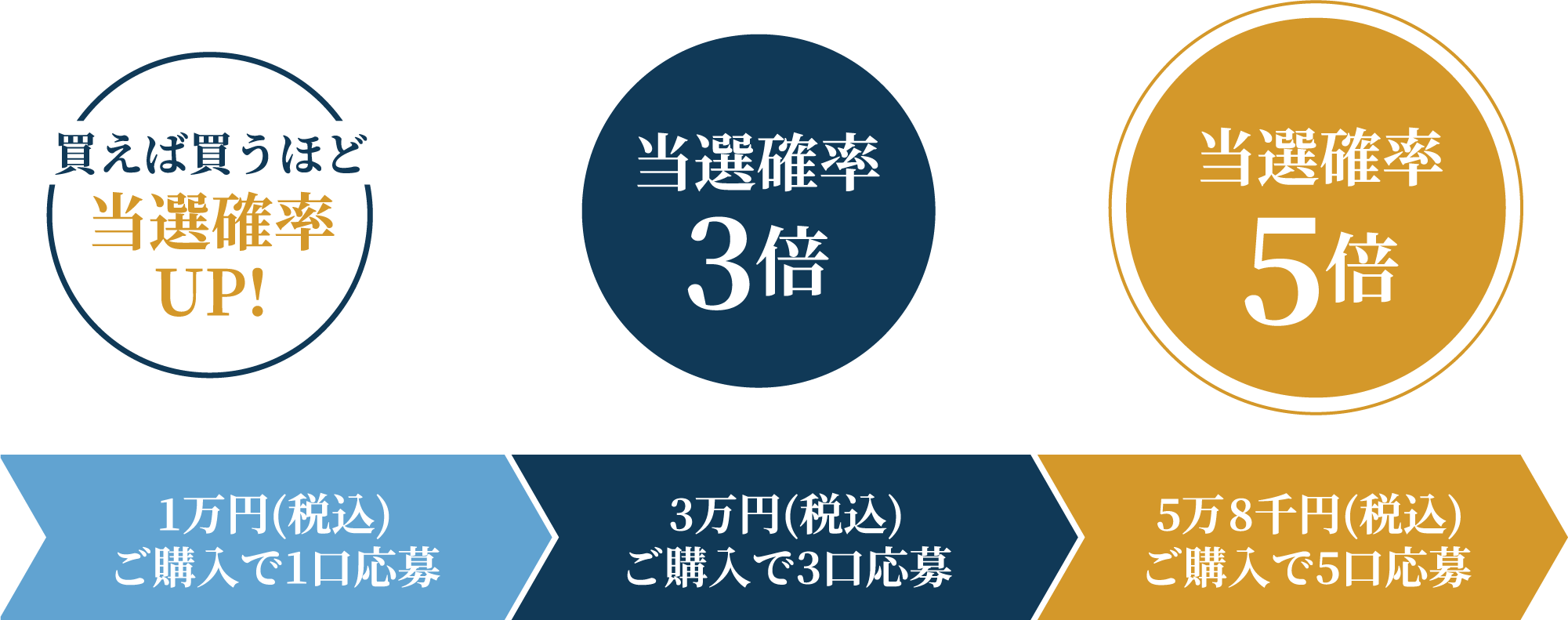 買えば買うほど当選確率UP!｜1万円(税込)ご購入で1口応募、3万円(税込)ご購入で3口応募（当選確率3倍）、5万8千円(税込)ご購入で5口応募（当選確率5倍）