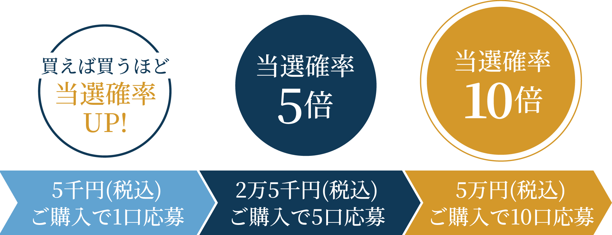 買えば買うほど当選確率UP!｜5千円(税込)ご購入で1口応募、2万5千円(税込)ご購入で5口応募（当選確率5倍）、5万円(税込)ご購入で10口応募（当選確率10倍）