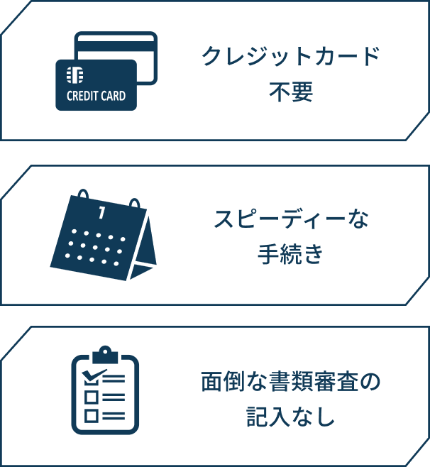 クレジットカード不要、スピーディーな手続き、面倒な書類審査の記入なし